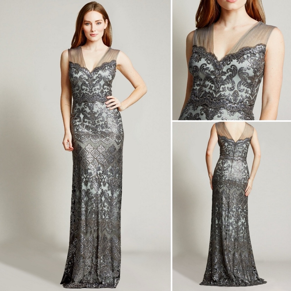 Tadisha Shoji Sayuri Embroidered Metallic Silver & Sequins Evening Gown - Size 4